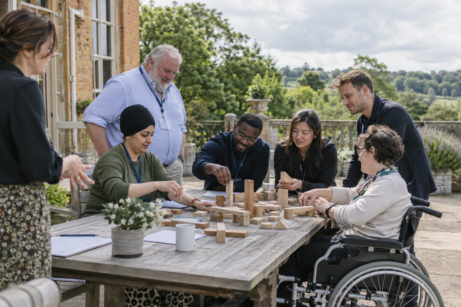 A diverse team building together with wooden blocks on an outdoor terrace