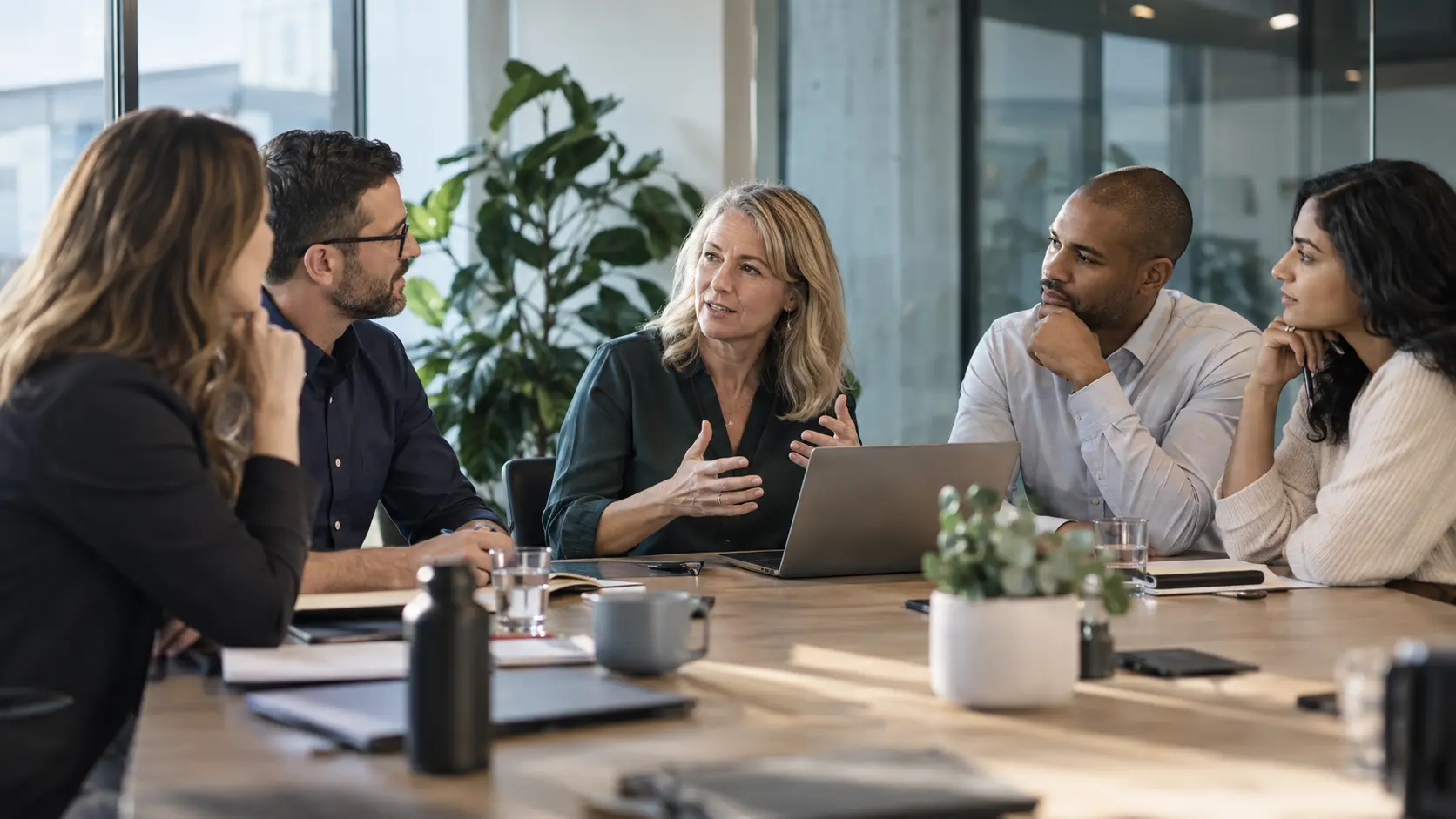 Colleagues in a focused team discussion around a meeting table with laptops