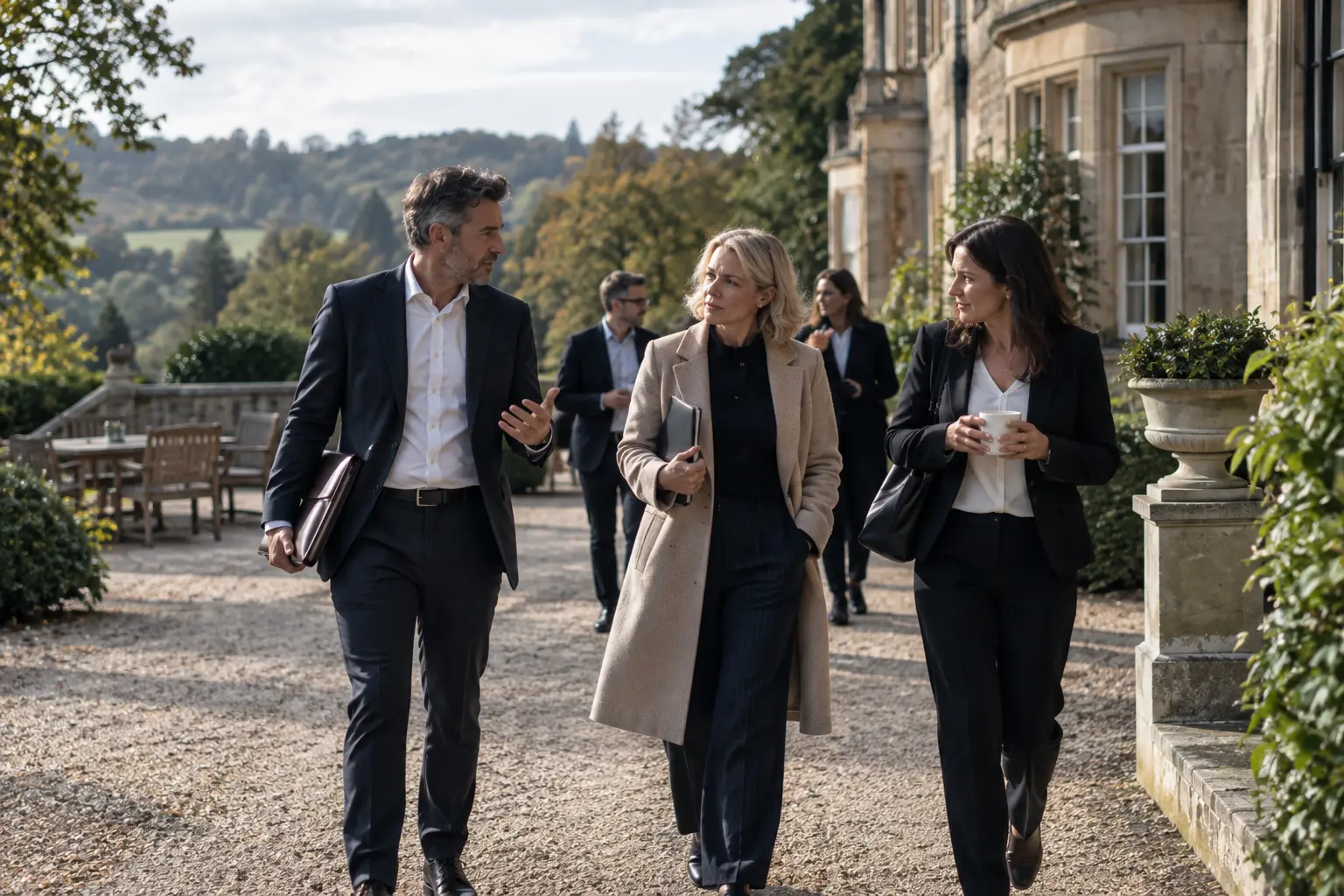 Colleagues talking while walking together outdoors during the working day