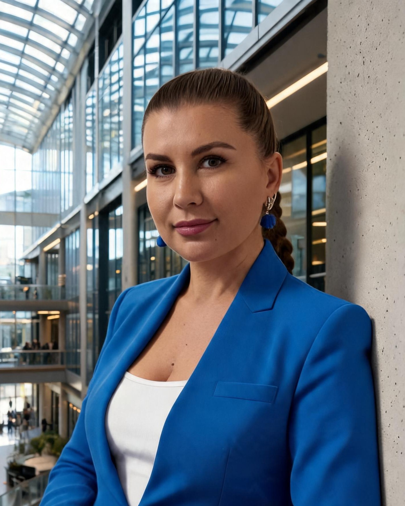Adriana Pietowska, CorpWell co-founder, in a blue blazer in a modern glass atrium