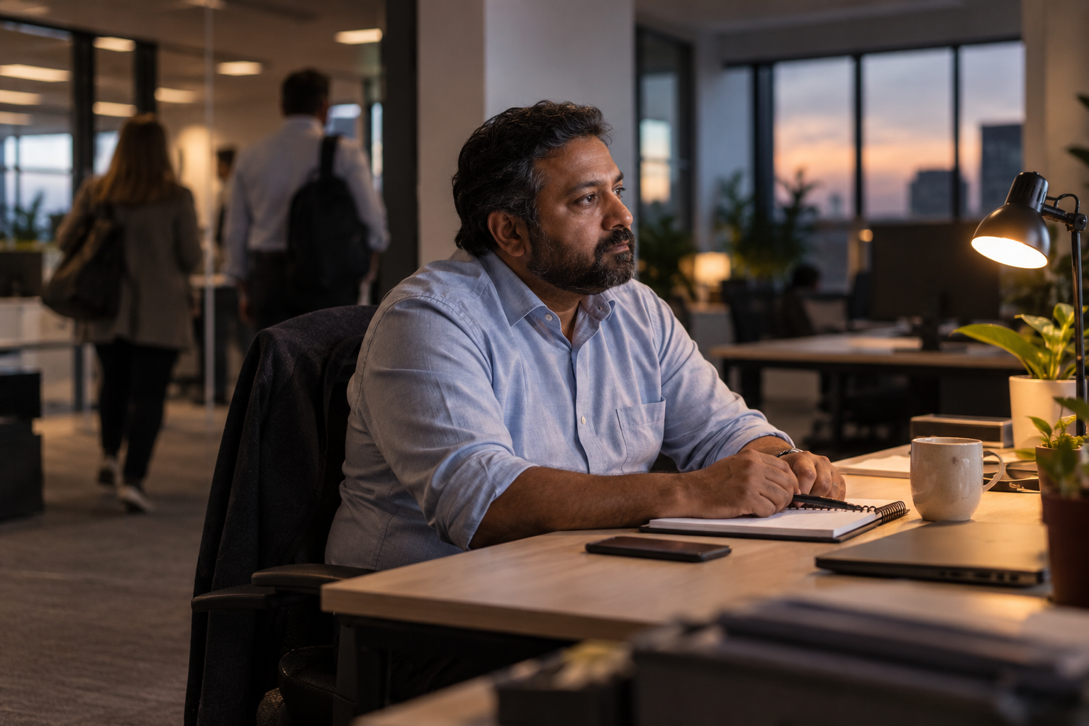 An employee sitting thoughtfully at his desk in an office at dusk