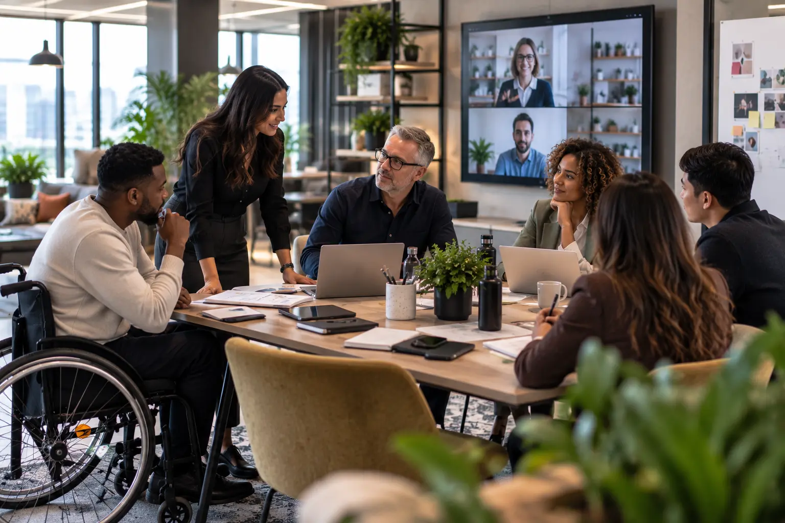 An inclusive workplace team collaborating in a modern office