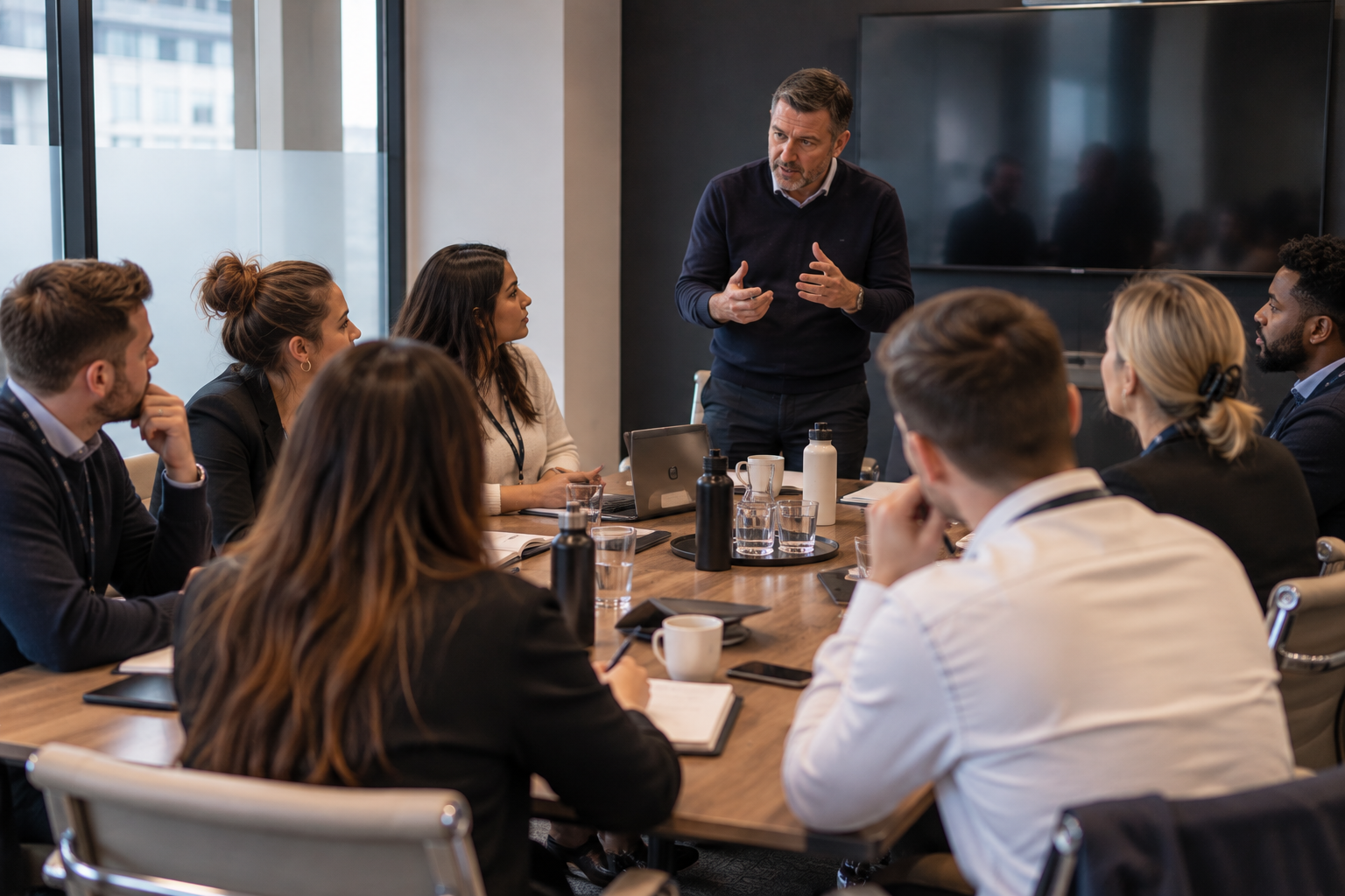 A facilitator leading a leadership discussion with a team around a boardroom table