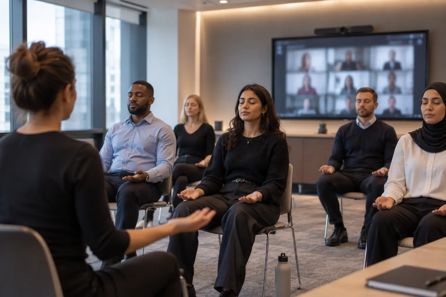 Employees taking part in a guided workplace mindfulness session