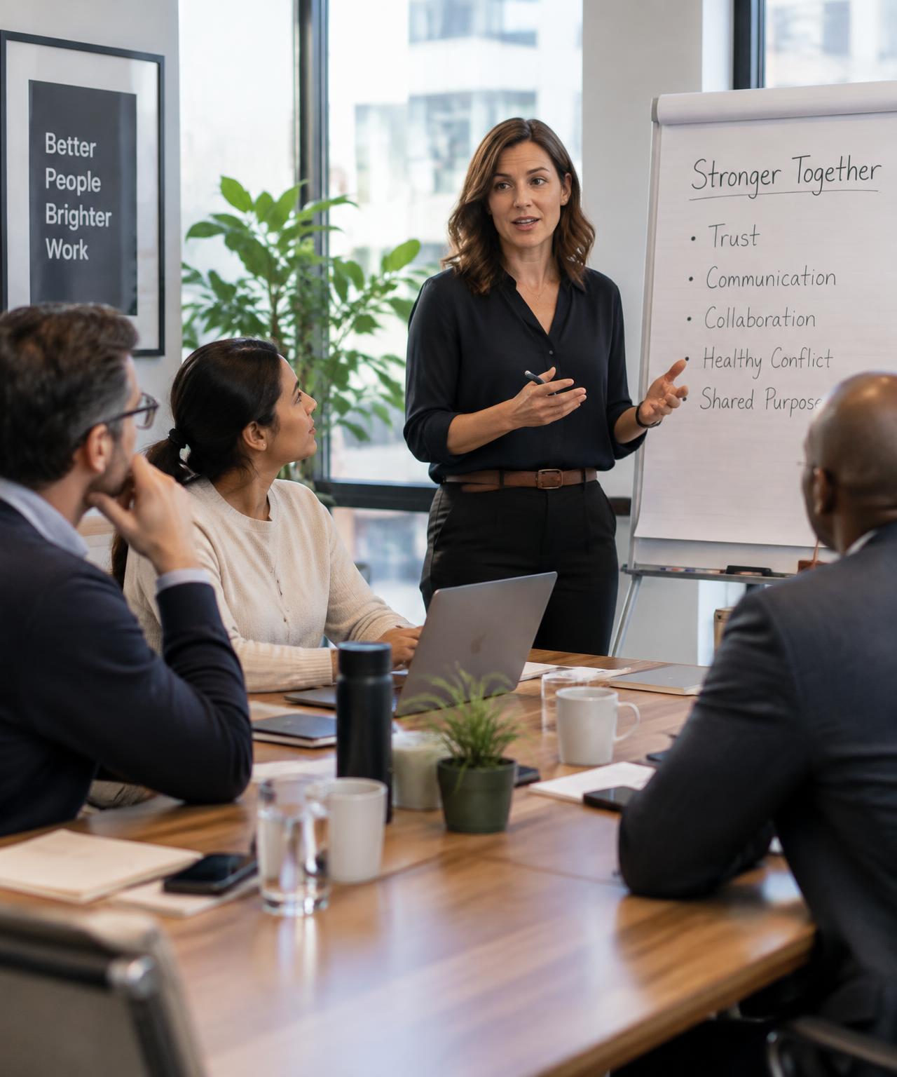Facilitator leading a leadership workshop with employees in a modern workplace